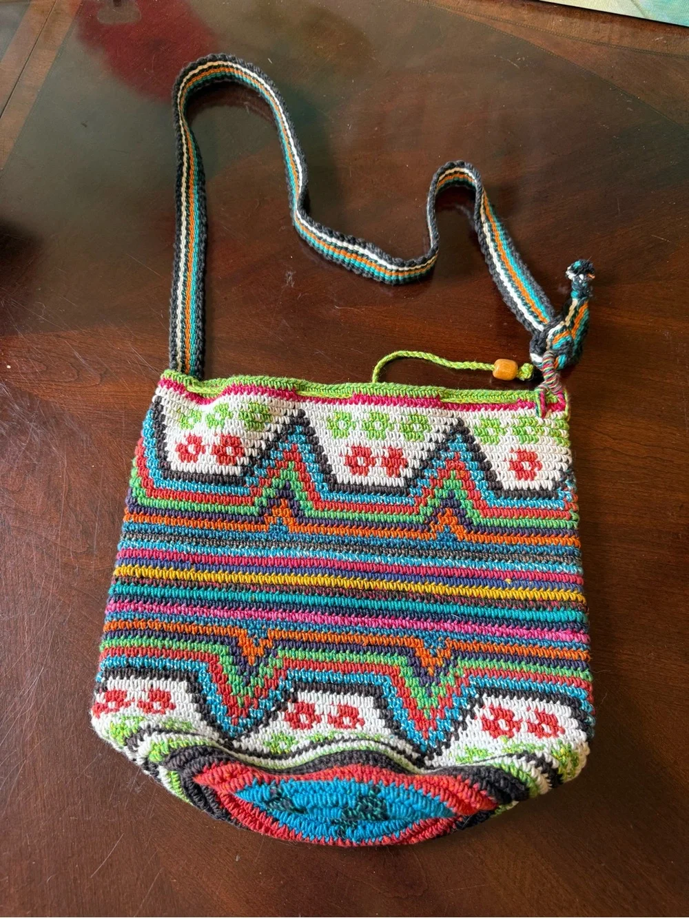 Crochet Bucket Bag Multicolor Geo Pattern Boho Festival Hippie Beaded Purse